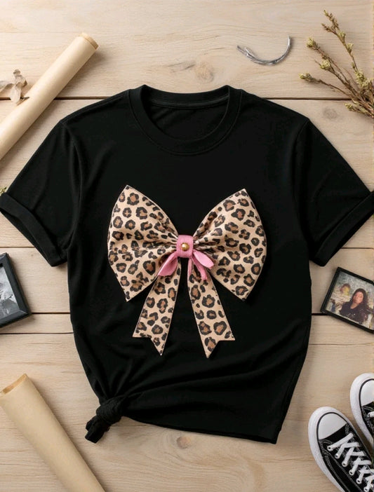 Camiseta De Cuello Redondo Con Estampado De moño leopardo Camiseta De Manga Corta Casual Para Primavera Y Verano, Ropa De Mujer