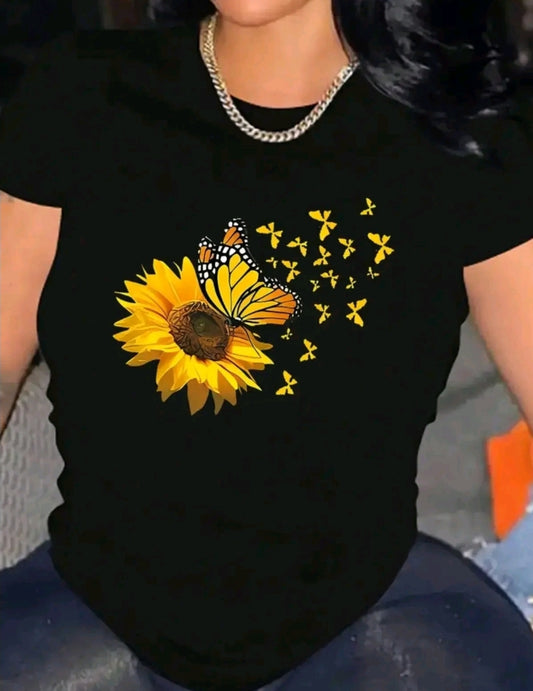 playera para mujer con estampado de Girasol mariposas cuello redondo de poliéster, manga corta, patrónL de alfabeto, camiseta casual de verano para usar en casa