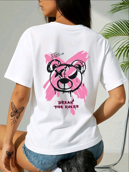 Camiseta casual negra para mujer con diseño osos rules- Punto suave, cuello redondo, manga corta para primavera y verano, lavable en máquina, ropa informal