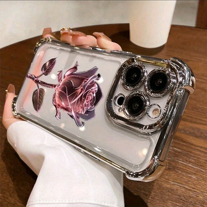Funda protectora para teléfono móvil de TPU antideslizante y a prueba de cadas con patrón de galvanoplastia de rosa rosa, adecuada para iphone 16 15 14 13 12 11 XS X y otros modelos de la serie, puede ser regalada a niños o niñas como una funda de teléfo