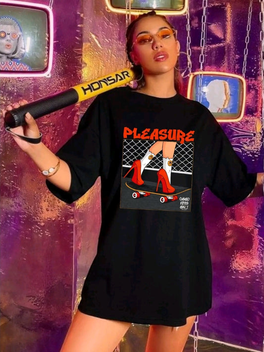 PLAYERA DE CUELLO REDONDO DAMA PARA TODAS LAS EDADES ESTILO URBANO CON ESTAMPADO DE ZAPATILLAS PATINETA