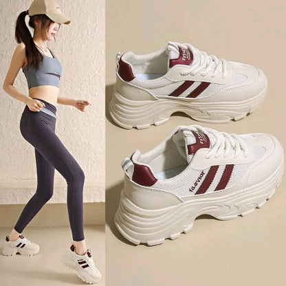 Zapatos de mujer. Zapatillas deportivas informales con cuña y suela gruesa para mujer, cómodas Y sencillas, con cordones punta redonda y malla transpirable. Zapatillas de running ideales para senderismo, montañismo, senderismo y viajes