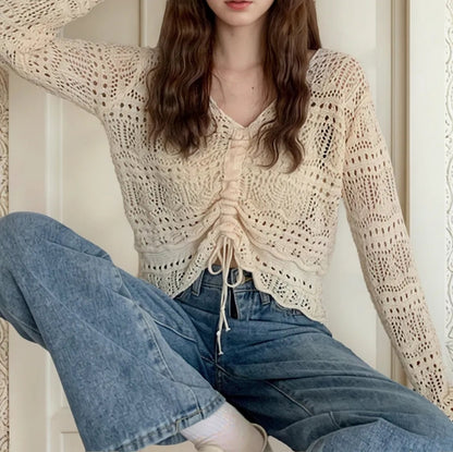 (🌍 PRODUCTO INTERNACIONAL) Suéter Tejido Crop Top Sólido Pulóver