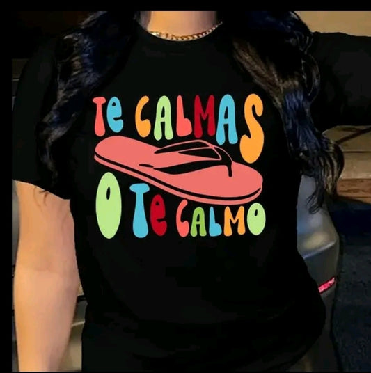 Camiseta De Cuello Redondo Con Estampado De chancla te calmas Camiseta De Manga Corta Casual Para Primavera Y Verano, Ropa De Mujet