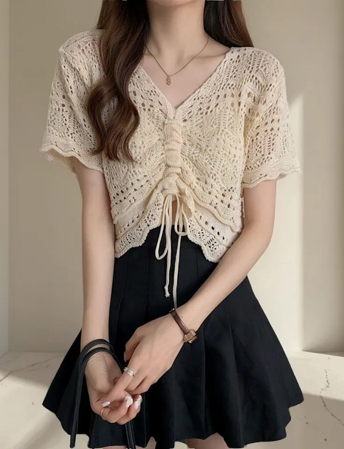 (🌍 PRODUCTO INTERNACIONAL) Suéter Tejido Crochet Hueco Manga Larga Sólido Elegante