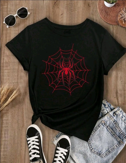 Camiseta Gráfica de araña roita para Mujer - Camiseta Casual de Poliéster Negra con Detalle de Cremallera, Mangas Cortas y Cuello Redondo, Lavable a Máquina, Ropa CasuallCamiseta Gráfica JuguetonalTop Lavable a Máquina