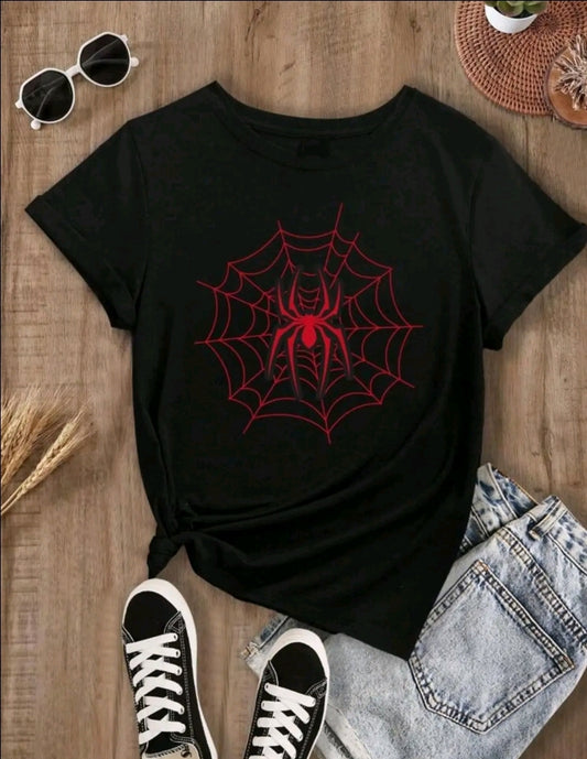 Camiseta Gráfica de araña roita para Mujer - Camiseta Casual de Poliéster Negra con Detalle de Cremallera, Mangas Cortas y Cuello Redondo, Lavable a Máquina, Ropa CasuallCamiseta Gráfica JuguetonalTop Lavable a Máquina