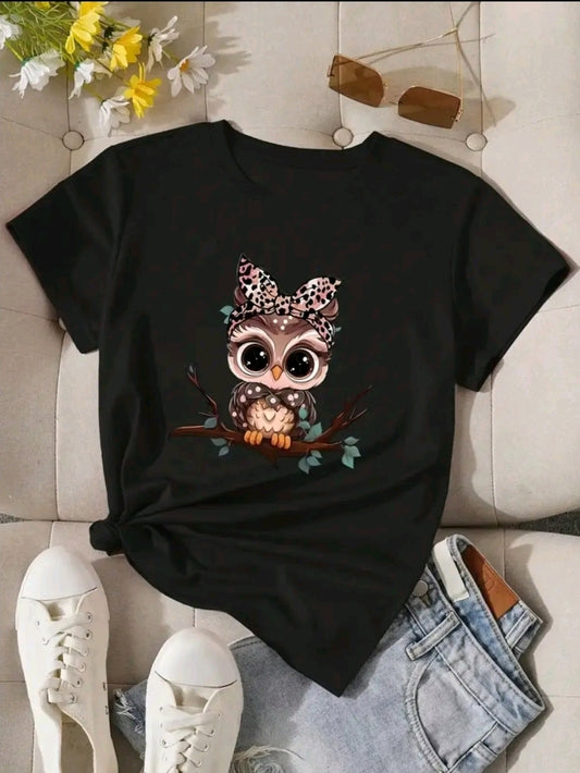 playera para mujer con estampado de buho cuello redondo de poliéster, manga corta, patrón de alfabeto, camiseta casual de verano para usar en casa