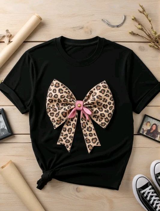 Camiseta De Cuello Redondo Con Estampado De moño leopardo Camiseta De Manga Corta Casual Para Primavera Y Verano, Ropa De Mujer