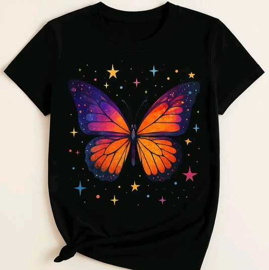 Camiseta De Cuello Redondo Con Estampado De mariposa morada Camiseta De Manga Corta Casua Para Primavera Y Verano, Ropa De Mujet