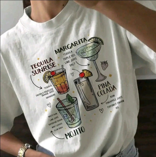 Playera de verano para mujer, estampado gráfico de cóctel, cuello redondo, manga corta