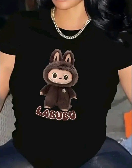 Camiseta De Cuello Redondo Con Estampado De Labubu cafe , Camiseta De Manga Corta Casual Para Primavera Y Verano, Ropa De Mujer