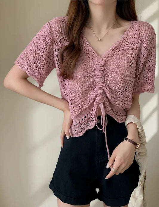 (🌍 PRODUCTO INTERNACIONAL) Suéter Tejido Crochet Hueco Manga Larga Sólido Elegante