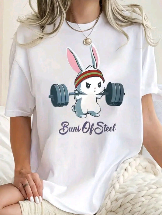 Camiseta de Entrenamiento para Mujer con Estampado Divertido de Conejto - Gráfico de Conejo Levantando Pesas, Cuello Redondo y Manga Corta Holgada