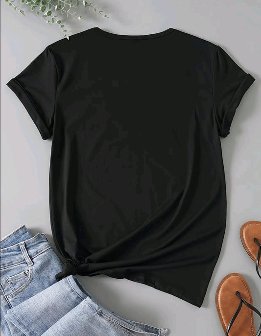 amiseta gráfica de mariposa casual para mujer - Manga corta, cuello redondo, negro con diseño de letras Corazones, tejido de poliéster suave, perfecta para primavera V verano, ropa casual