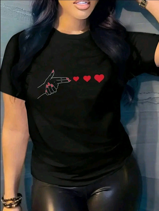 Camiseta deportiva casual para mujer, estampado de corazón gráfico, manga corta, cuello redondo, moda de verano y primavera