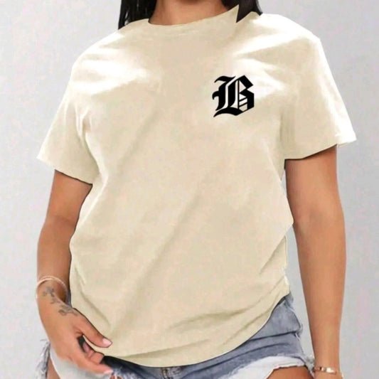 Camiseta Gráfica de Muier en Rosa Suave con Diseño de Letra E Cuello Redondo Casual Manga Corta Poliéster Ligero, Perfecto para Atuendos de Primavera y Verano, Ropa de Verang