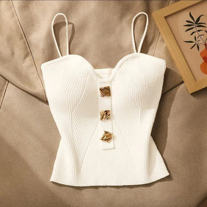 (🌍 PRODUCTO INTERNACIONAL) Chaleco Escotado Tejido Sexy Con Botones Para Mujer