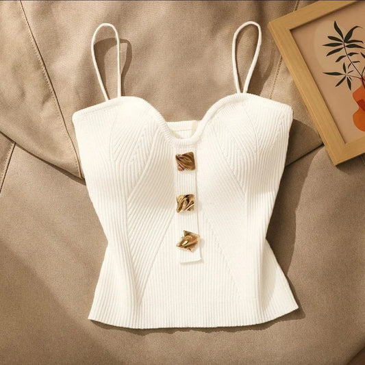 (🌍 PRODUCTO INTERNACIONAL) Chaleco Escotado Tejido Sexy Con Botones Para Mujer