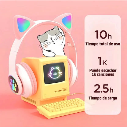 Audifono Inalámbrico Bluetooth Led Auriculares De Diadema Gamer Stn28 Color Rosa