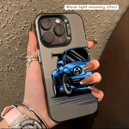 Un estuche de teléfono de impresión de carreras de anime azul plateado IMD colorido adecuado para Apple Series 11, 12, 13, 14, 15, 16 Pro Max
