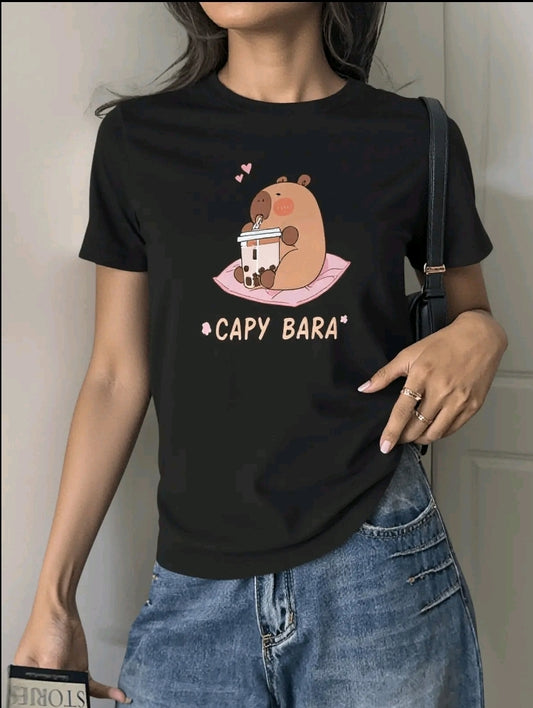 Estampado Camisetas De Mujer Manga Corta De Dibujos Capibara verano cuello redondo Casual Negra Blanca Playeras De Mujer con estampado de dibujos animados