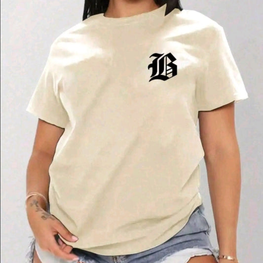 Camiseta Gráfica de Mujer en Rosa Suave con Diseño de Letra B - Cuello Redondo Casual Manga Corta Poliéster Ligero, Perfecto para Atuendos de Primavera V Verano, Ropa de Verano