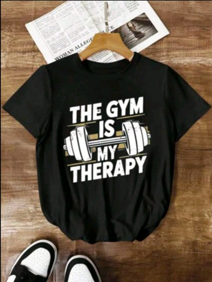 Camiseta casual y versátil de mujer con cuello redondo y mangas cortas, con estampado de Pesas Gym