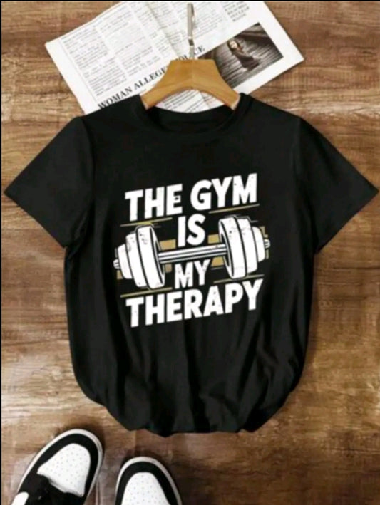 Camiseta casual y versátil de mujer con cuello redondo y mangas cortas, con estampado de Pesas Gym