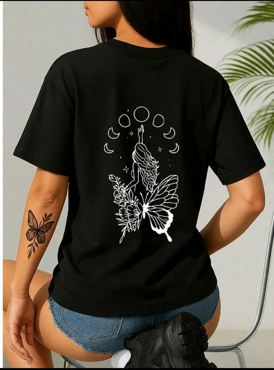 Camiseta casual negra para mujer con Mariposa y lunas- Punto suave, cuello redondo, manga corta para primavera y verano, lavable en máquina, ropa informal
