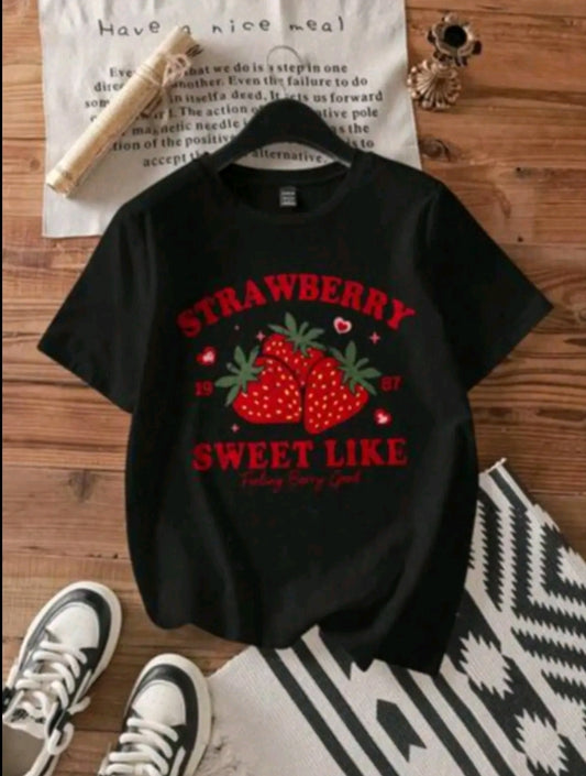 Camiseta De Cuello Redondo Con Estampado De fresas , Camiseta De Manga Corta Casual Para Primavera Y Verano, Ropa De Mujer