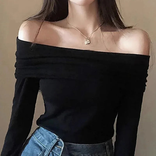 (🌍 PRODUCTO INTERNACIONAL) Crop Top Mujer Sexy Hombros Descubiertos Manga Larga