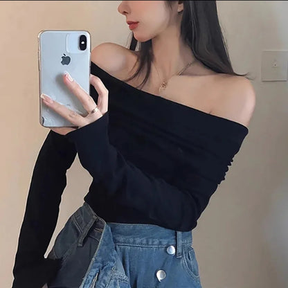 (🌍 PRODUCTO INTERNACIONAL) Crop Top Mujer Sexy Hombros Descubiertos Manga Larga