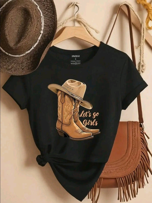 Playera para mujer con estampado de plavera para mujer con estampado de botas sombrero cuello redondo de poliéster, manga corta, patrón de alfabeto, camiseta casual de verano para usa en casa cuellot redondo de poliéster, manga corta, patrón de alfabeto
