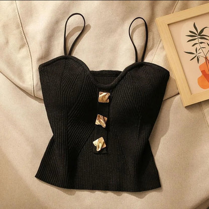 (🌍 PRODUCTO INTERNACIONAL) Chaleco Escotado Tejido Sexy Con Botones Para Mujer
