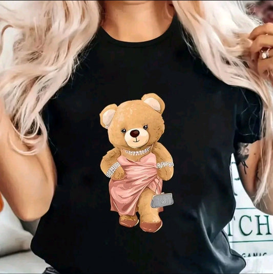 Playera Estampada De 0so De Caricatura, Cuell Redondo Casual De Manga Corta Para Primavera 'Y Verano, Ropa De Mujer