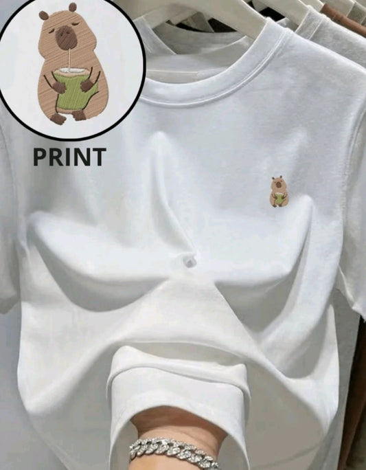 Camiseta Casual para Mujer con Estampado de capibara pequeñio- Mezcla de Poliéster Suave, Cuello Redondo, Manga Corta, Tejido de Punto Semi-Transparente, Lavable a Máquina, Camiseta para Uso Diaric ITop de Cuello Redondo | Material Semi-Transparen