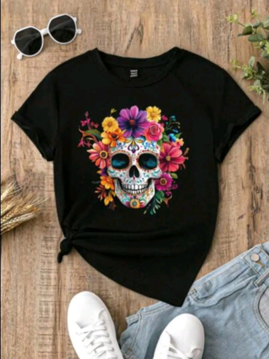 Camiseta de verano para mujer con gráfico de Calavera, informal, de cuello redondo y manga corta