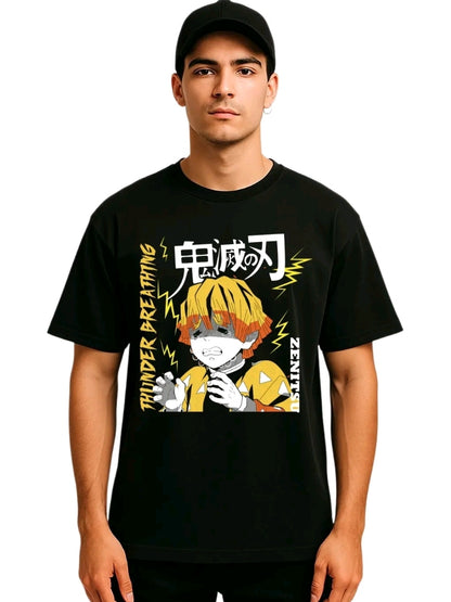 Playera Unisex Negra Zenitsu l Camiseta holgada Estampada de anime, Ropa Urbana Streetwea, 100% Algodón, Manga Corta
