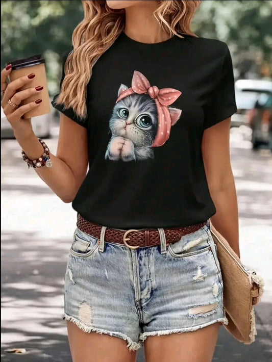 Camiseta De Cuello Redondo Con Estampado De Gato, Camiseta De Manga Corta Casual Para Primavera Y Verano, Ropa De Mujer