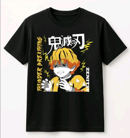 Playera Unisex Negra Zenitsu l Camiseta holgada Estampada de anime, Ropa Urbana Streetwea, 100% Algodón, Manga Corta