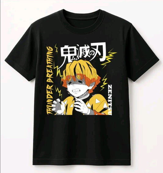 Playera Unisex Negra Zenitsu l Camiseta holgada Estampada de anime, Ropa Urbana Streetwea, 100% Algodón, Manga Corta