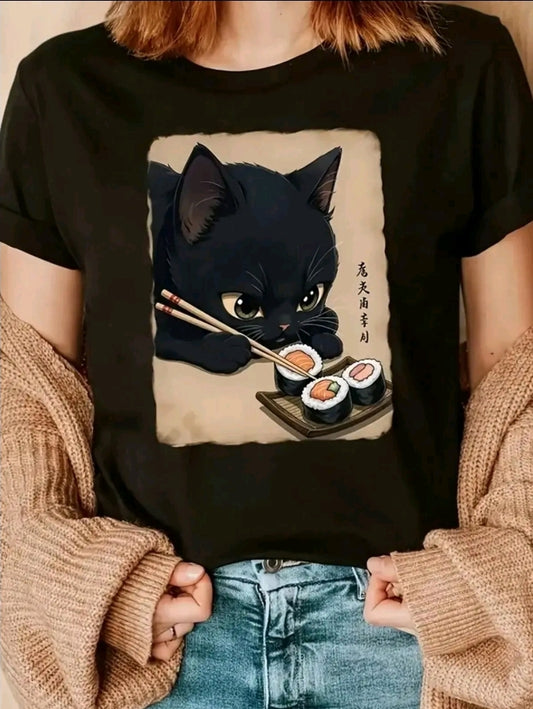 Plavera para mujer con estampado de Gato sushi cuello redondo de poliéster, manga corta, patrór alfabeto, camiseta casual de verano para usar en casa