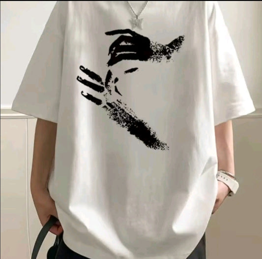 Camiseta Casual para Mujer con Estampado de manos pintura - Mezcla de Poliéster Suave, Cuellc Redondo, Manga Corta, Tejido de Punto Semi-Tansparente, Lavable a Máquina, Camiseta para Uso Diaric ITop de Cuello Redondo | Material Semi-Transparente, Cam