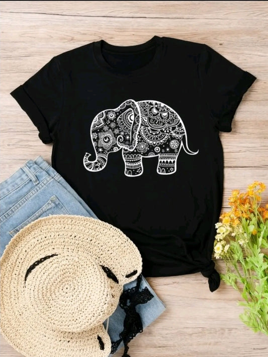 Camiseta De Cuello Redondo Con Estampado De elefante piedra Camiseta De Manga Cort ..