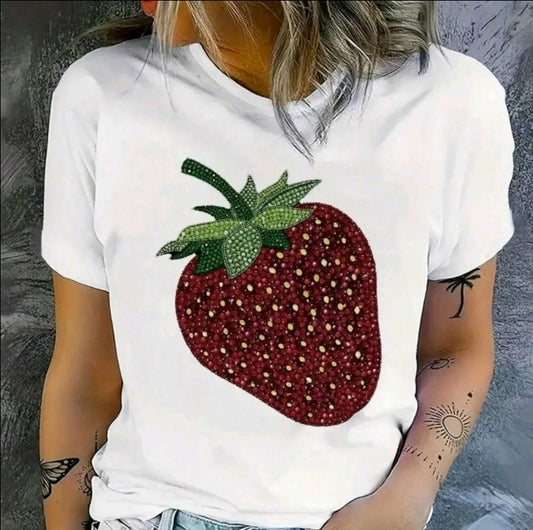 Camiseta estampada con diseño Fresa Grande, manga corta cuello redondo, top casual para verano w primavera, ropa de mujer