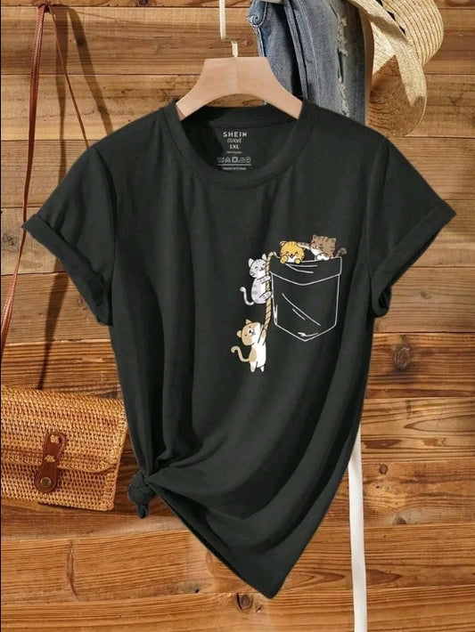 PLAYERA DE DAmA CON DISEÑO DE BOLSA GATITOS