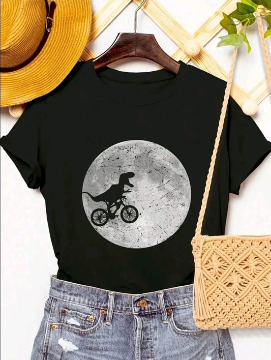 Playera para mujer con estampado de T-rex Luna cuello redondo de poliéster, manga corta, patrón de alfabeto, camiseta casual de verano para usar en casa