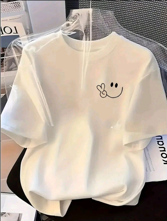 camiseta de cuello redondo amarillo para mujer con estampado de sonrisa linda
