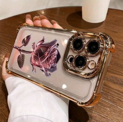 Funda protectora para teléfono móvil de TPU antideslizante y a prueba de cadas con patrón de galvanoplastia de rosa rosa, adecuada para iphone 16 15 14 13 12 11 XS X y otros modelos de la serie, puede ser regalada a niños o niñas como una funda de teléfo
